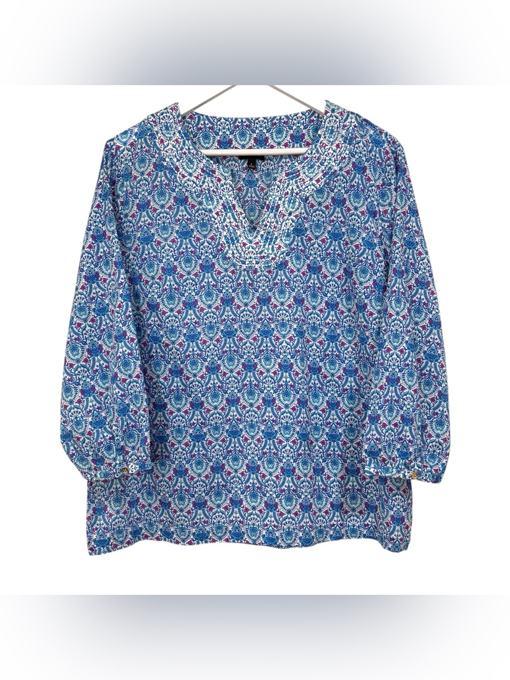 Talbots Blue Cotton Paisley Print Semi Sheer Lightweight Top Size Large Womens